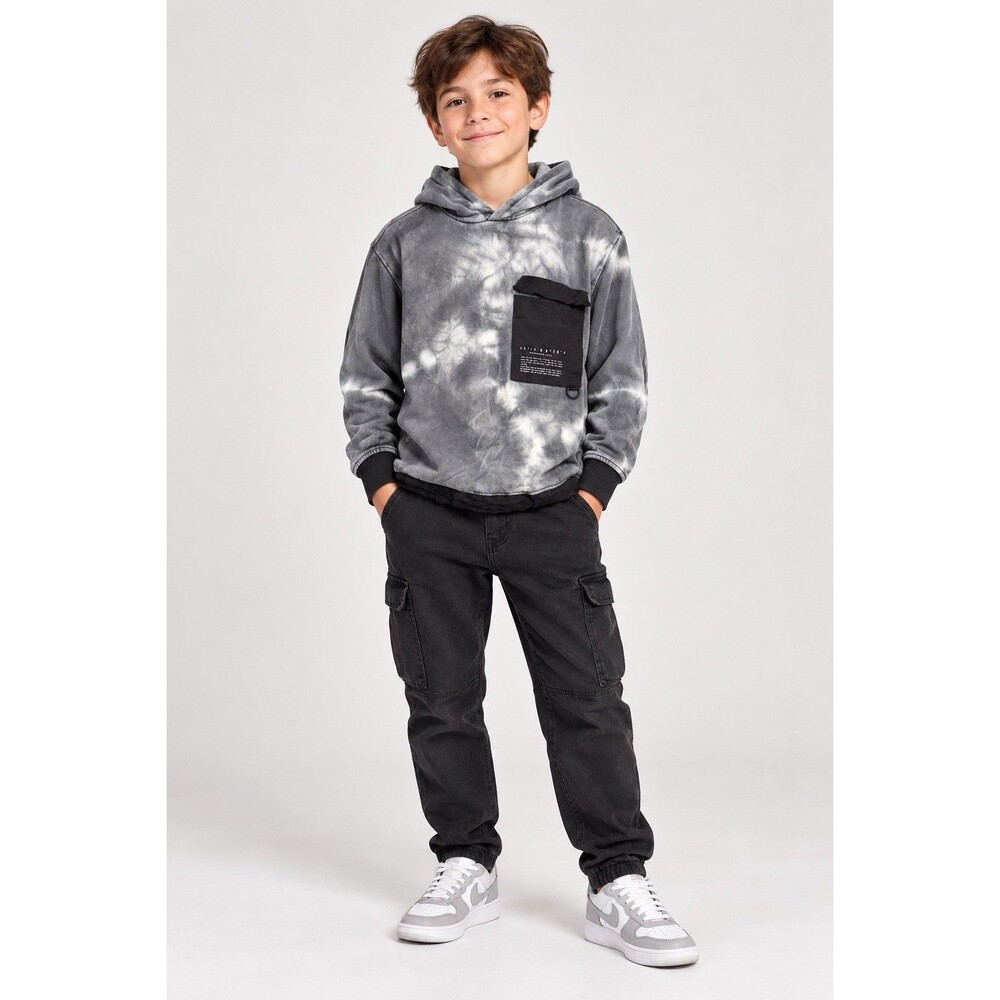 Zara Kids Boys Gray Black Tie-Dye Utility Pocket Sweatshirt Hoodie Size 9 134